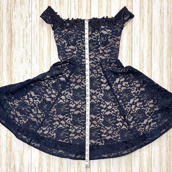 Sequin Hearts Off the Shoulder Navy Short Formal/cocktail Glitter Lace Dress 0 - Picture 4 of 9
